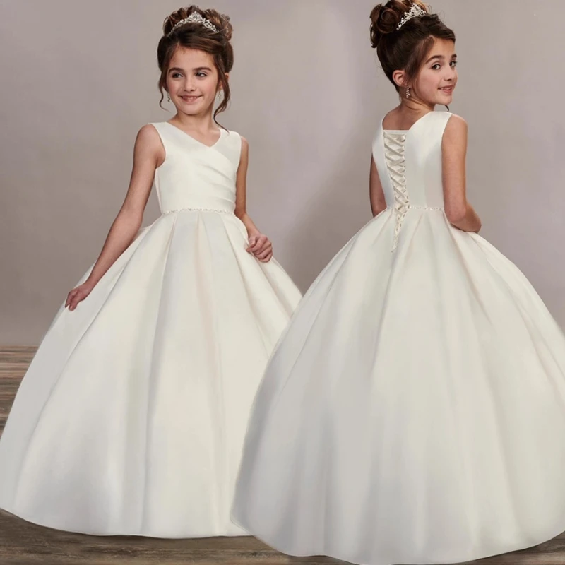 New Children White Sleeveless Long Dress Host Gown Piano Performance Satin Evening Birthday Party Banquet Wedding Flower Girl