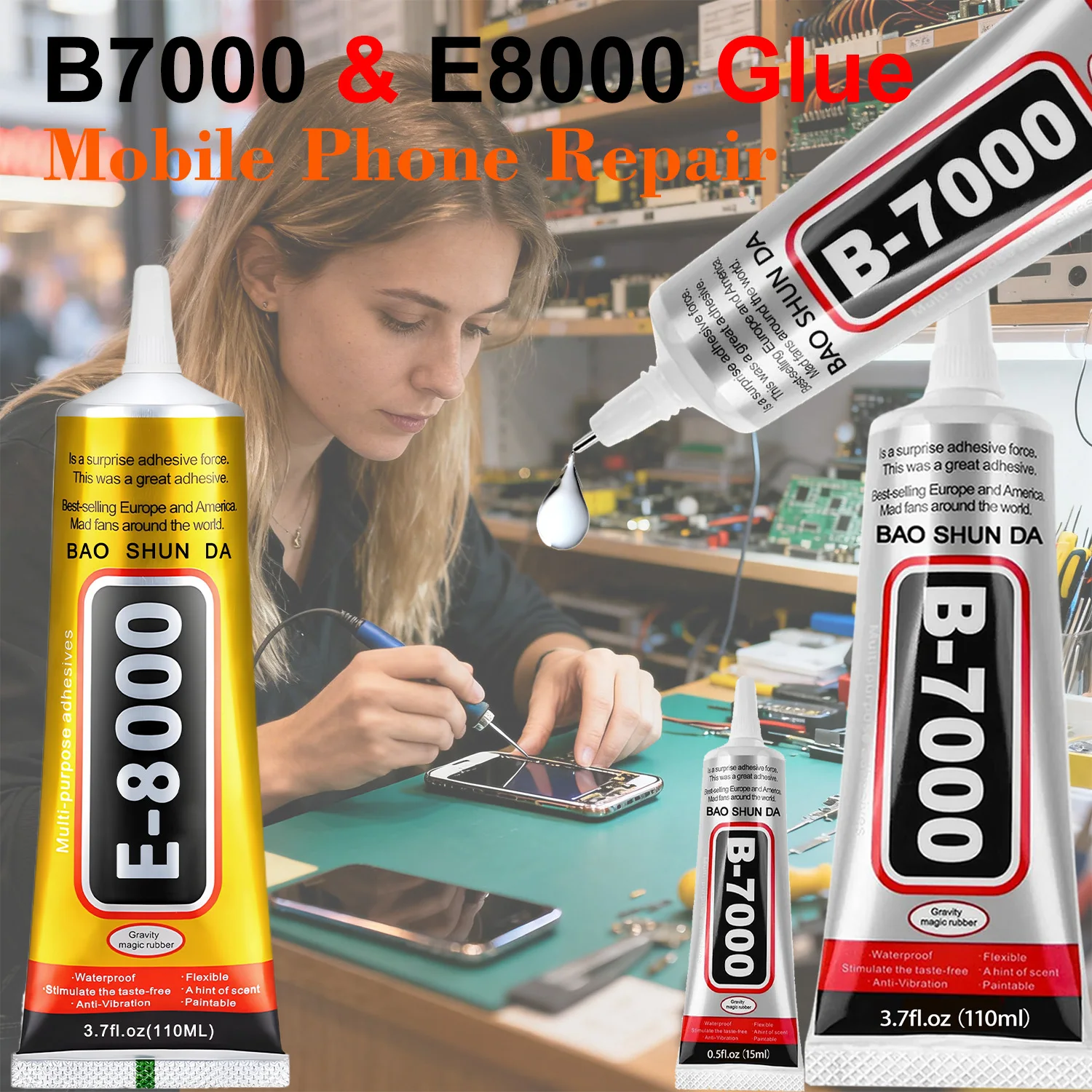 Nueva versión mejorada del adhesivo para joyería y móviles B7000/E8000: adhesivo de reparación transparente e impermeable, en envases de 15/110 ml