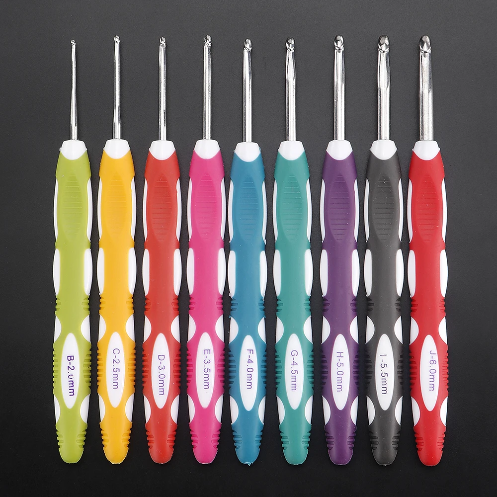 9Pcs Candy Color Crochet Hook Set with Soft Grip Handles, Durable Plastic Single-Pointed for Knitting & Crafting, Smooth Tips