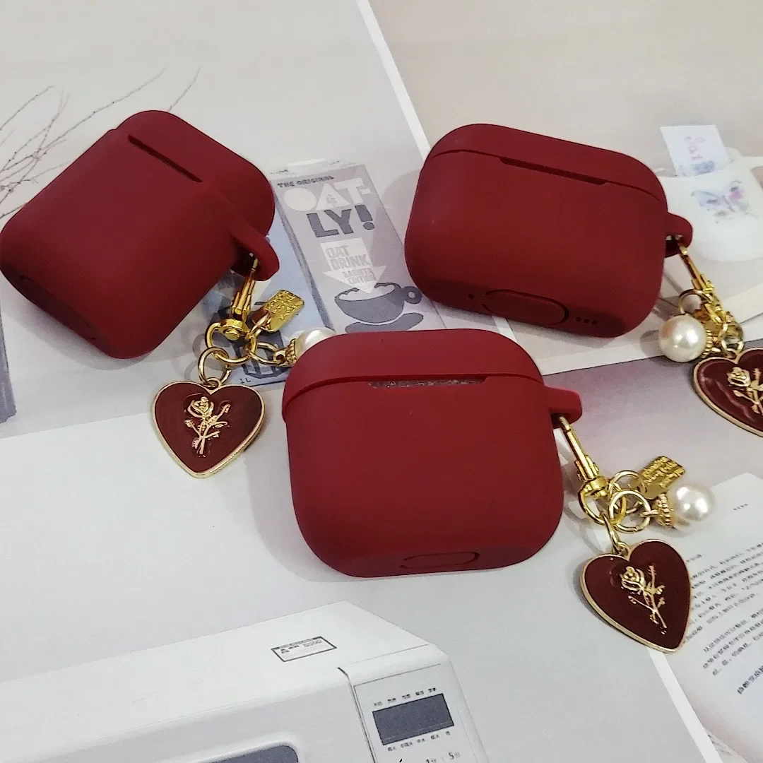 Vintage Roses Pearl Keychain Wine Red Silicone Earphone Case For Apple Airpods 4th1 2 Pro 3 Bluetooth Headset Cover Sweet Cute