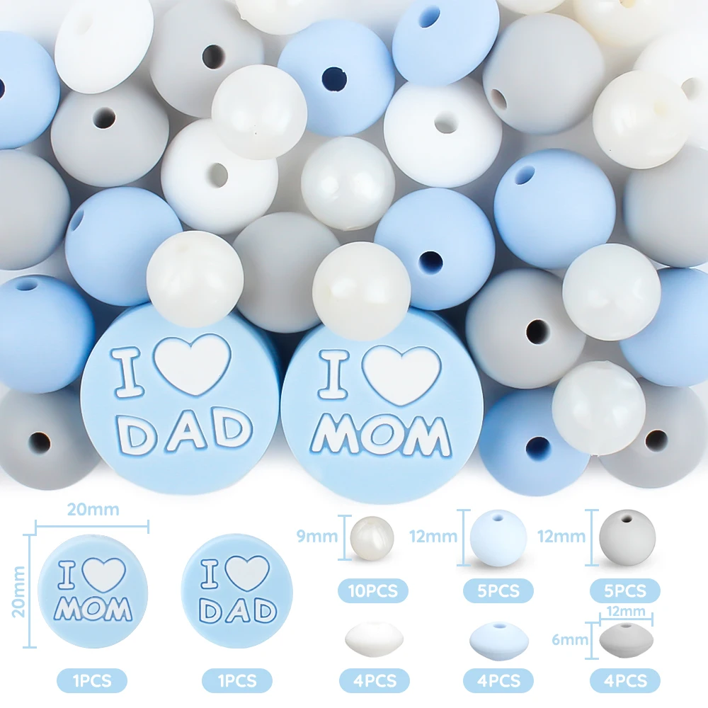 34Pcs/Set Silicone Beads Round Chew Beads Set I Love Mum and Dad Beads Food Grade DIY Pacifier Chain Clips Jewellery Accessories