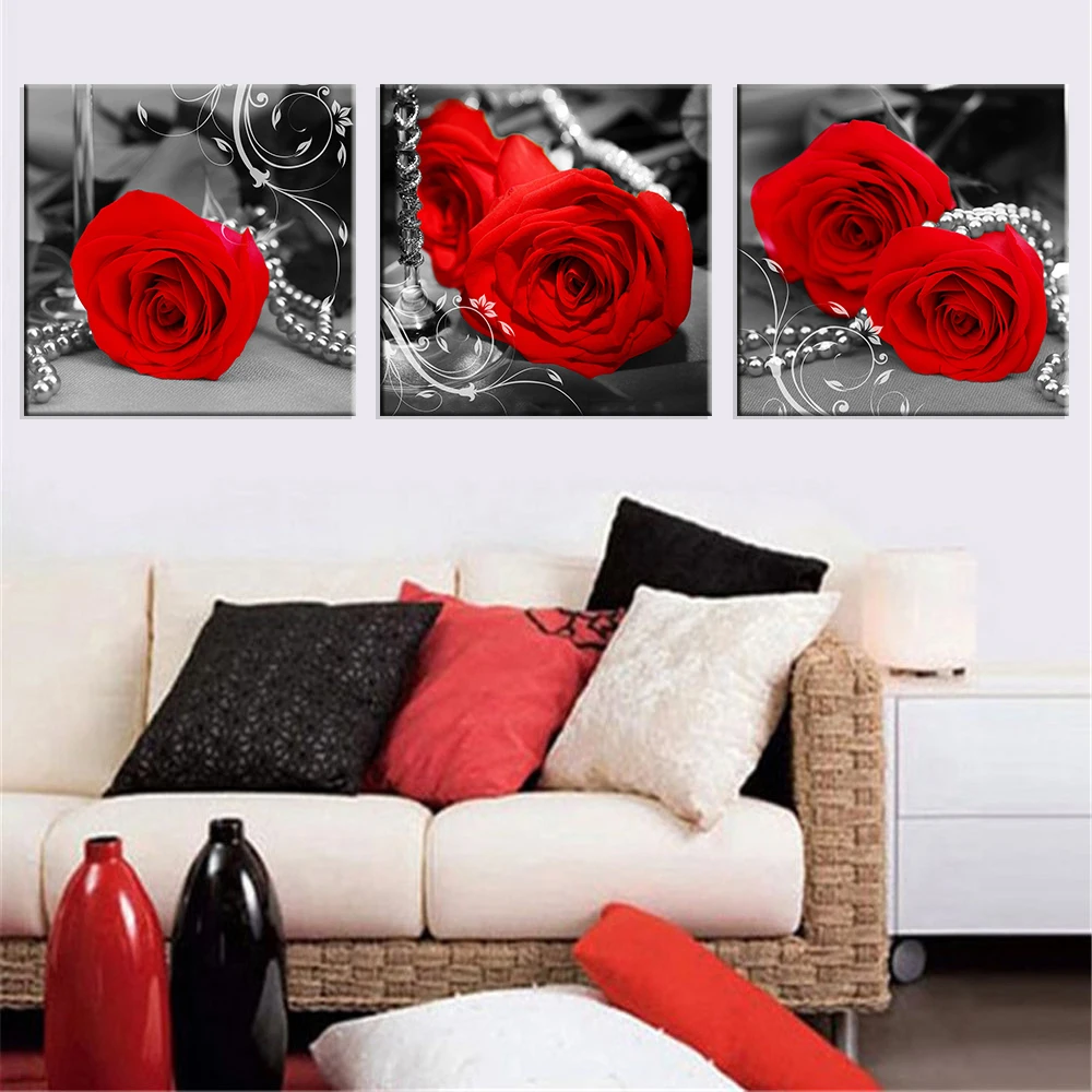 

Modular Picture 5D Diamond Embroidery red ros Flowers Vase tableware diamond painting Nordic Style 3pcs Kitchen Decor mosaic art