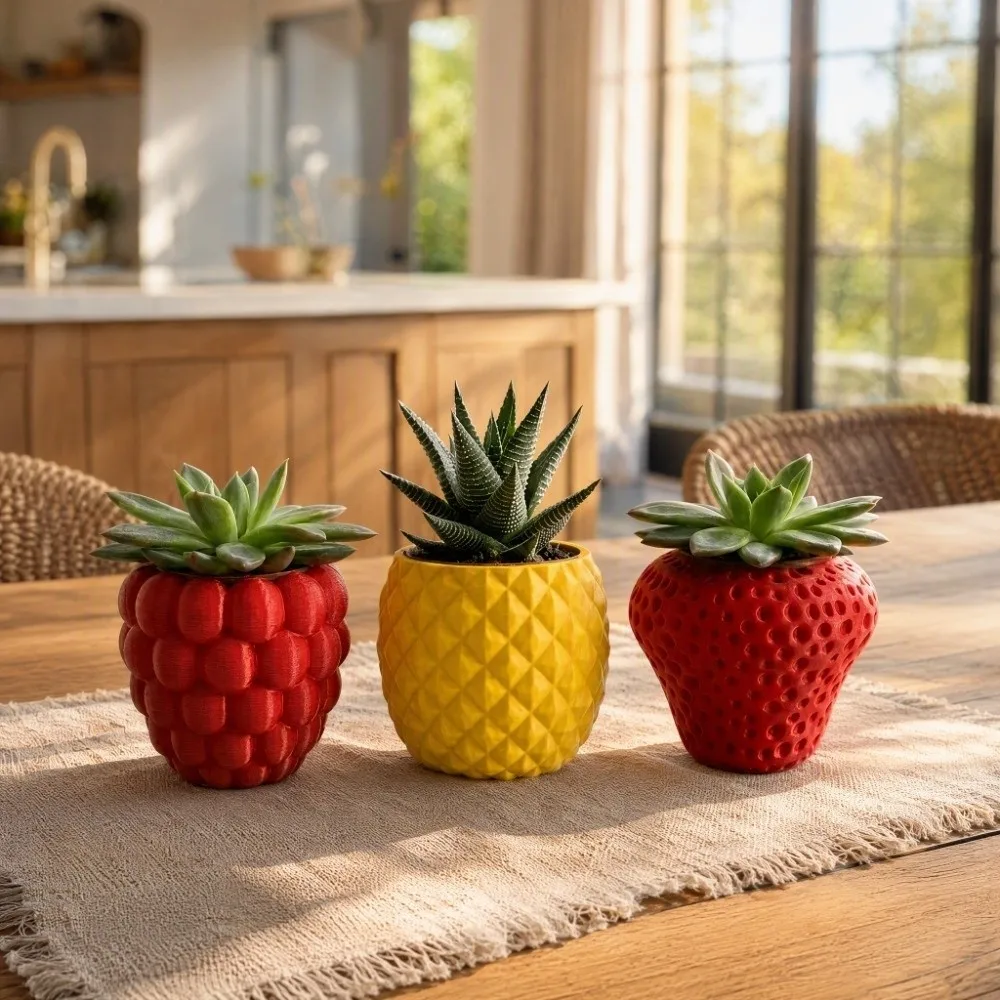 Plastic Fruit Flower Pot 3D Printed Self-Contained Realistic Planter Holder Strawberry Pineapple Flower Container Placement Easy