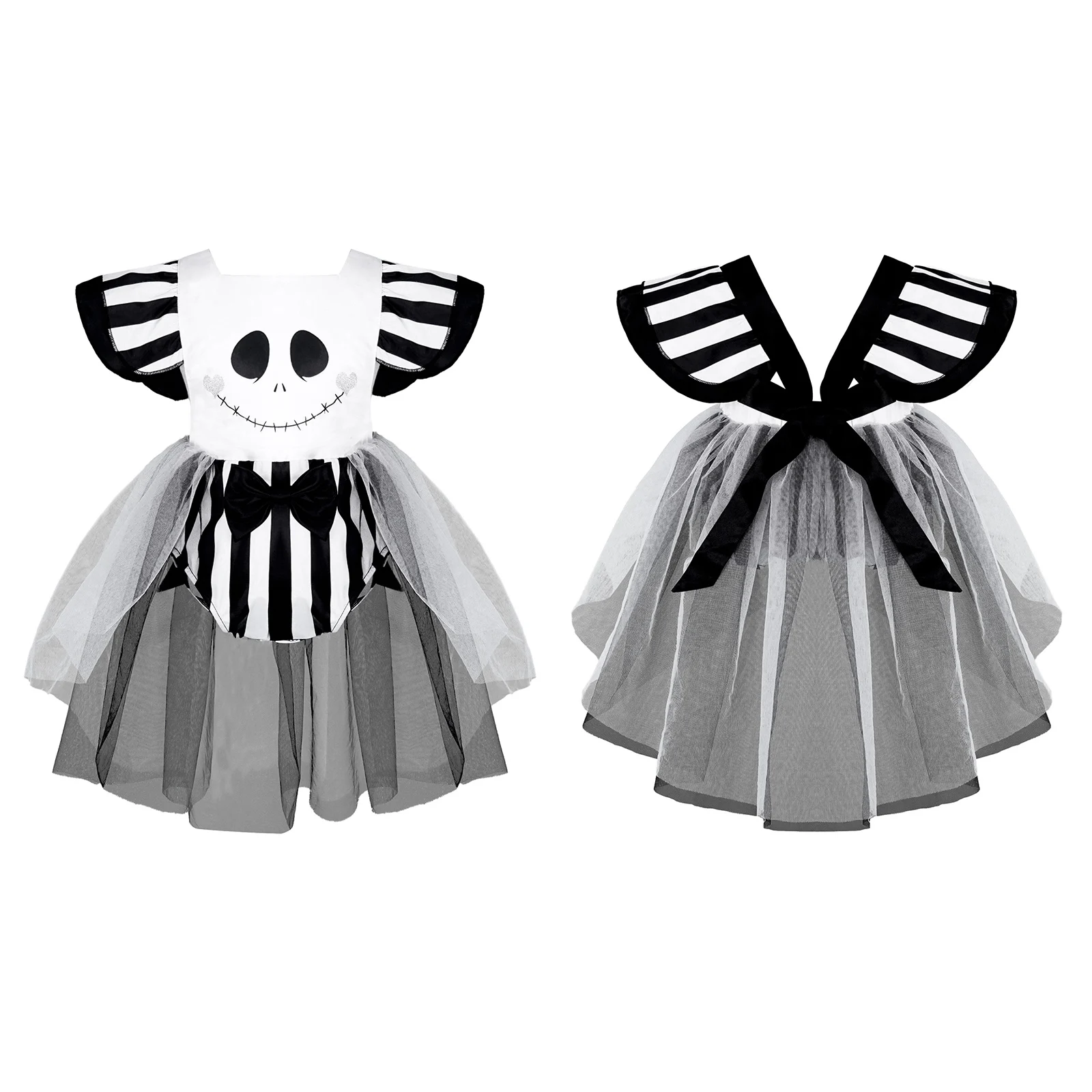 Infant Baby Girls Ghost Cosplay Halloween Costumes Tulle Romper Dresses with Skull Face Skeleton Print Suit Role Play Dress Up