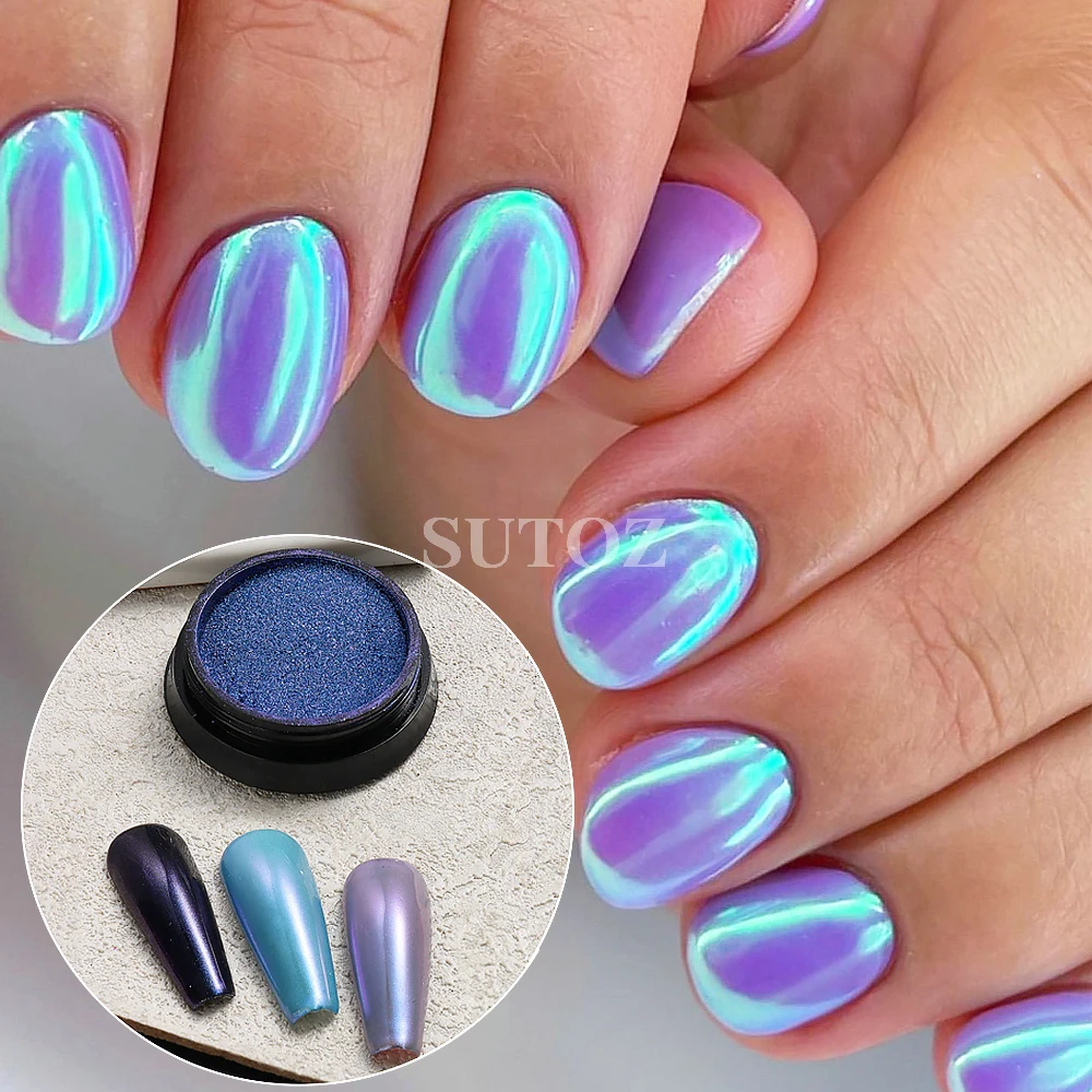 Purpurowy kameleon chromowane proszki do paznokci niebieski zielony metaliczny efekt żelowy lakier do ścierania kurzu Pigment DIY brokat Manicure GLBBX-03