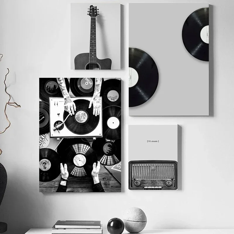 Vintage Music Vinyl Record Poster Wall Art Black and White Photo Headphone Radio Canvas Painting Prints Music Studio Room Decor