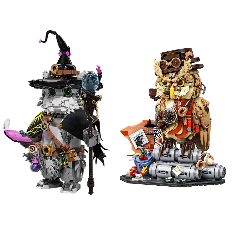 ตัวต่อแมวพ่อมด MOC นักสืบ นกฮูกกลไก สร้างสรรค์แบบจำลอง 3 มิติ ชุดตัวต่อ DIY ของเล่นตัวต่อขนาดเล็กสำหรับเด็ก ของขวัญ