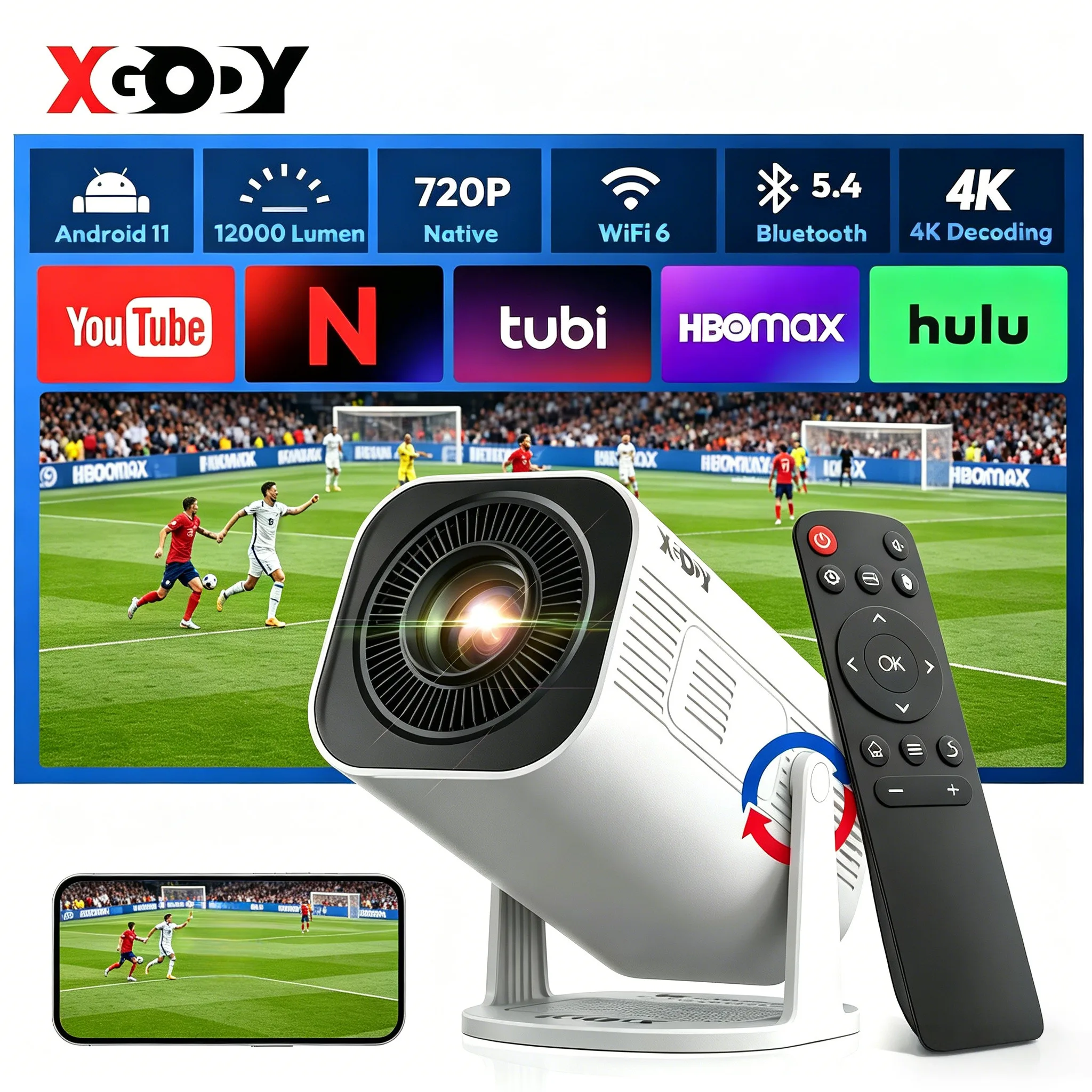 XGODY 300 ANSI Projector Smart Mini Android Keystone Correction Beamer Projectors BT5.0 WIFI6 Home Cinema Outdoor Portable