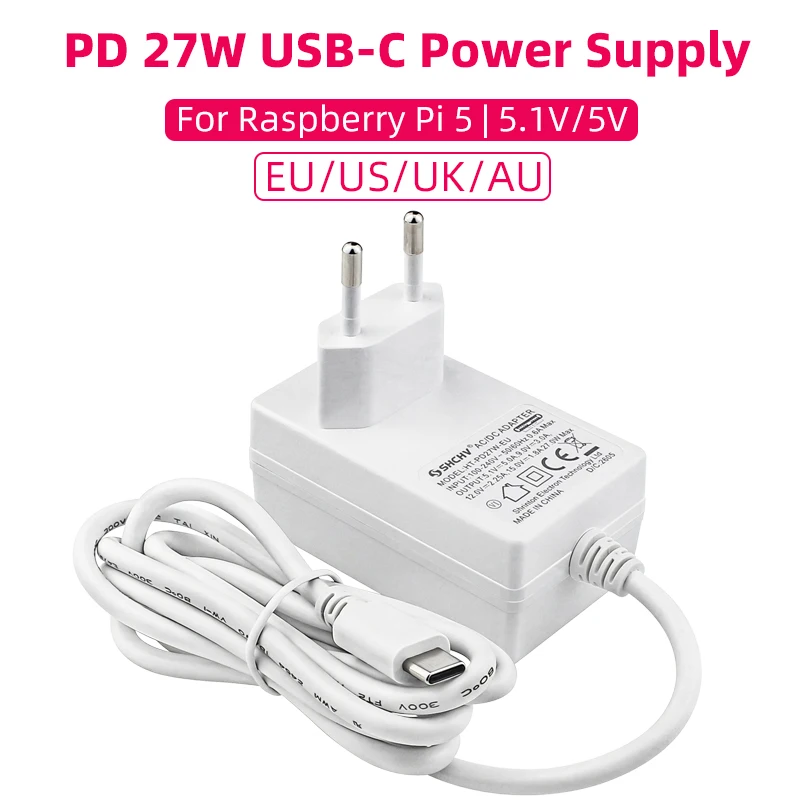 PD 27W Raspberry Pi 5 5.1V 5A Power Supply USB Type C Charger EU US UK AU Plug Power Adapter for Raspberry Pi 5 4B RPI 5 Pi5