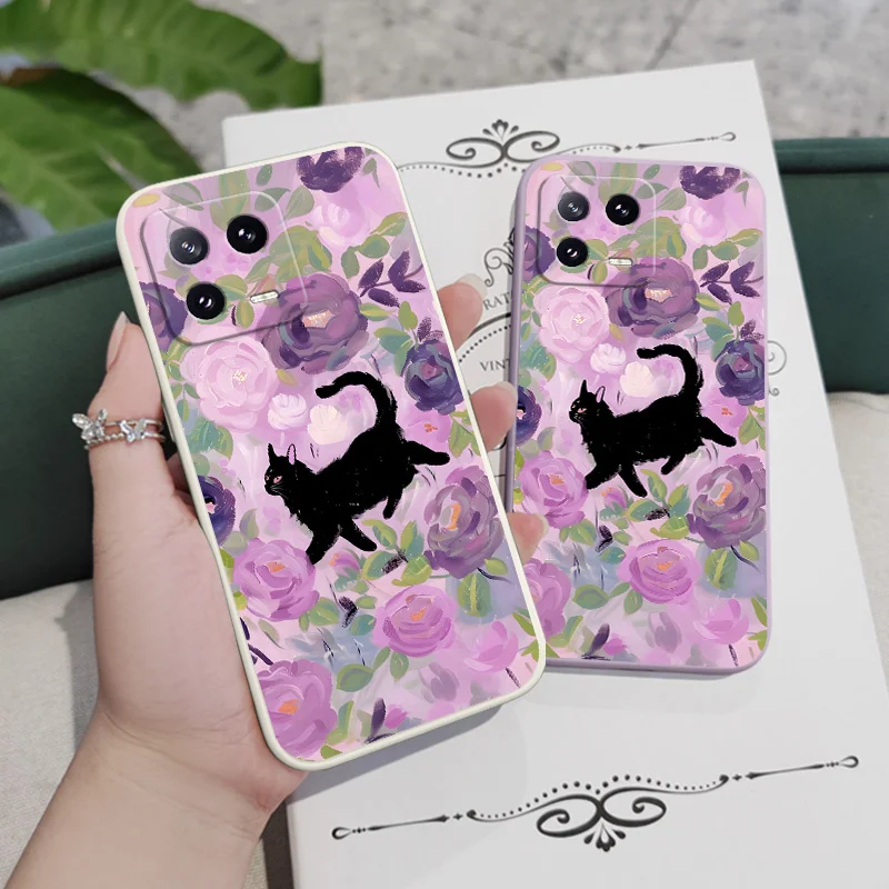 

Rose Black Cat Phone Case For Xiaomi 17 15 15T 14 14T 13 13T 12 12X 12T 12S Mi 11 11T 10 10T Pro Max Lite Liquid Silicone Cover