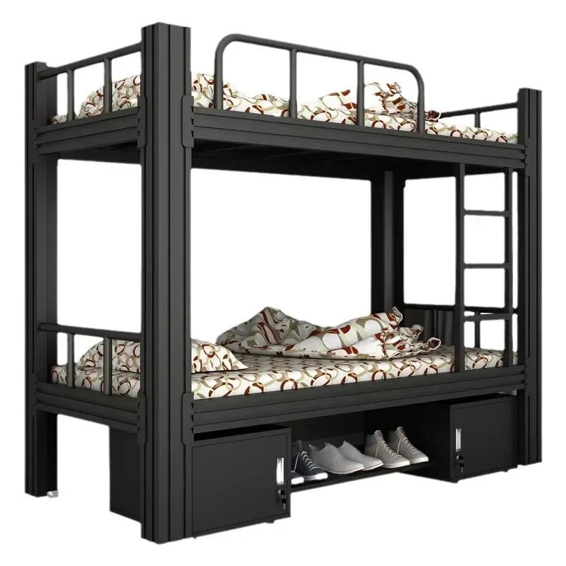 School Black White Dormitory Girls Bunk Bed Cheap Kids Metal Twin Loft Bunk Bed Boys Children With 2 Storage Locker