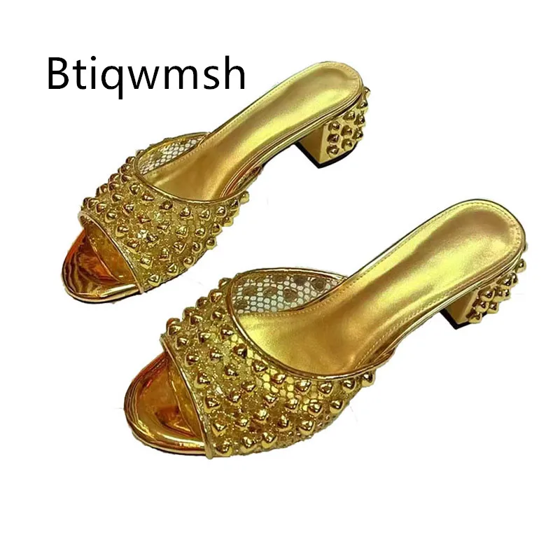 

Тапочки Muller с золотыми заклепками, женские прозрачные туфли на высоком каблуке с открытым носком и стразами, женские пикантные сандалии-гладиаторы