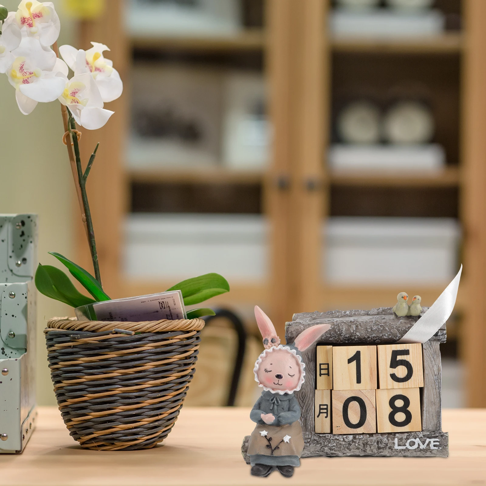 

Wooden Rabbit Decoration Household Tabletop Ornament Rustic Block Calendar Office Decor Adorable Desktop Calendar Perpetual