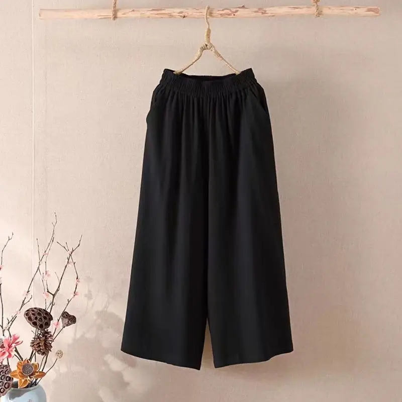 

Casual Cool Loose Pants Summer Loose Cotton Elastic High Waist Trouser Wide Leg Pant Calf-length Beach Skirt Women's Pants L32