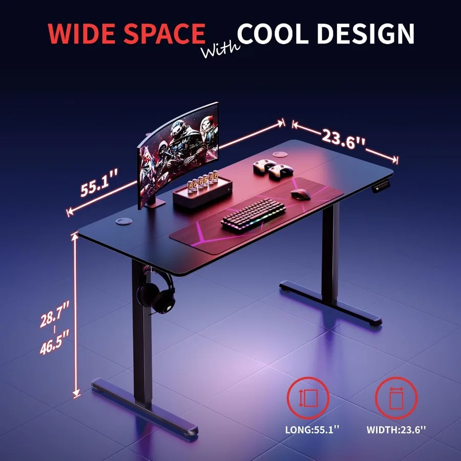 مكتب قائم كهربائي قابل للتعديل بارتفاع 55 × 24 بوصة للمكتب المنزلي، محطة عمل مريحة للكمبيوتر مع ارتفاع سلس