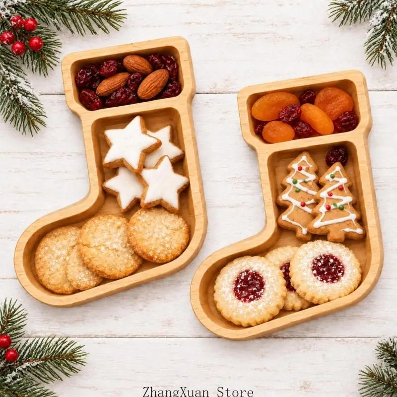 Weihnachts-Tischtablett aus Bambus, 2er-Set, mit strumpfförmigem Design und 2 geteilten Abschnitten, Holzschneidebretter 3XUF – Detail 7