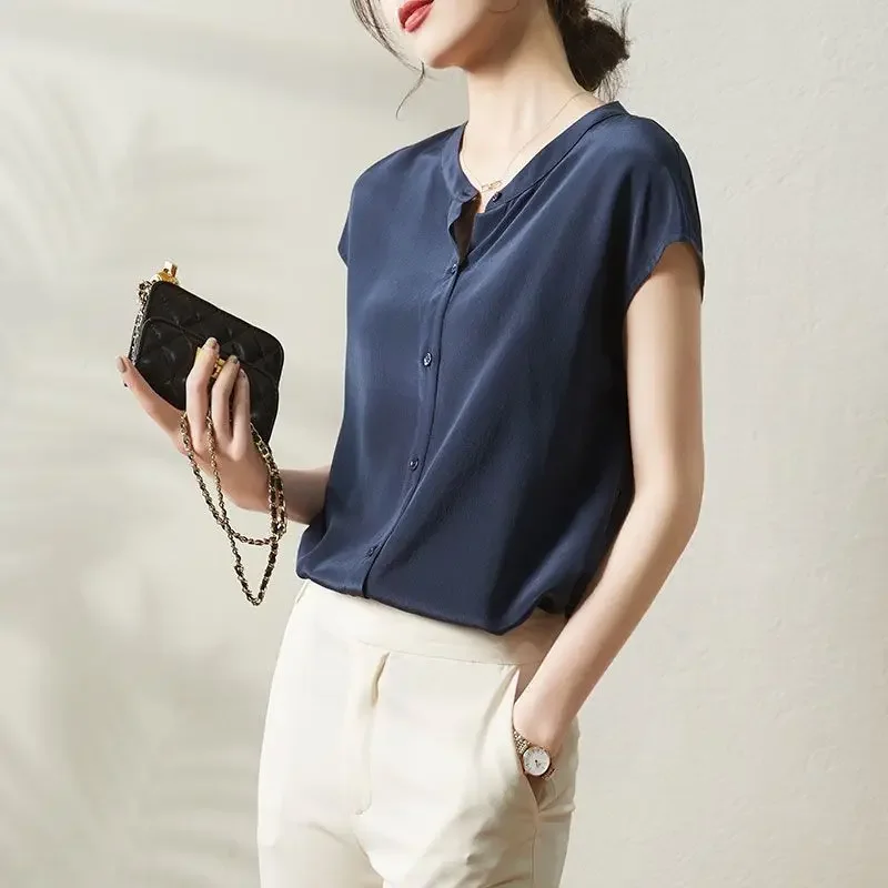 

Summer Office Lady Button Loose Blouse Short Sleeve O-neck Solid All-match Temperament Shirt Tops Fashion Trend Women Clothing