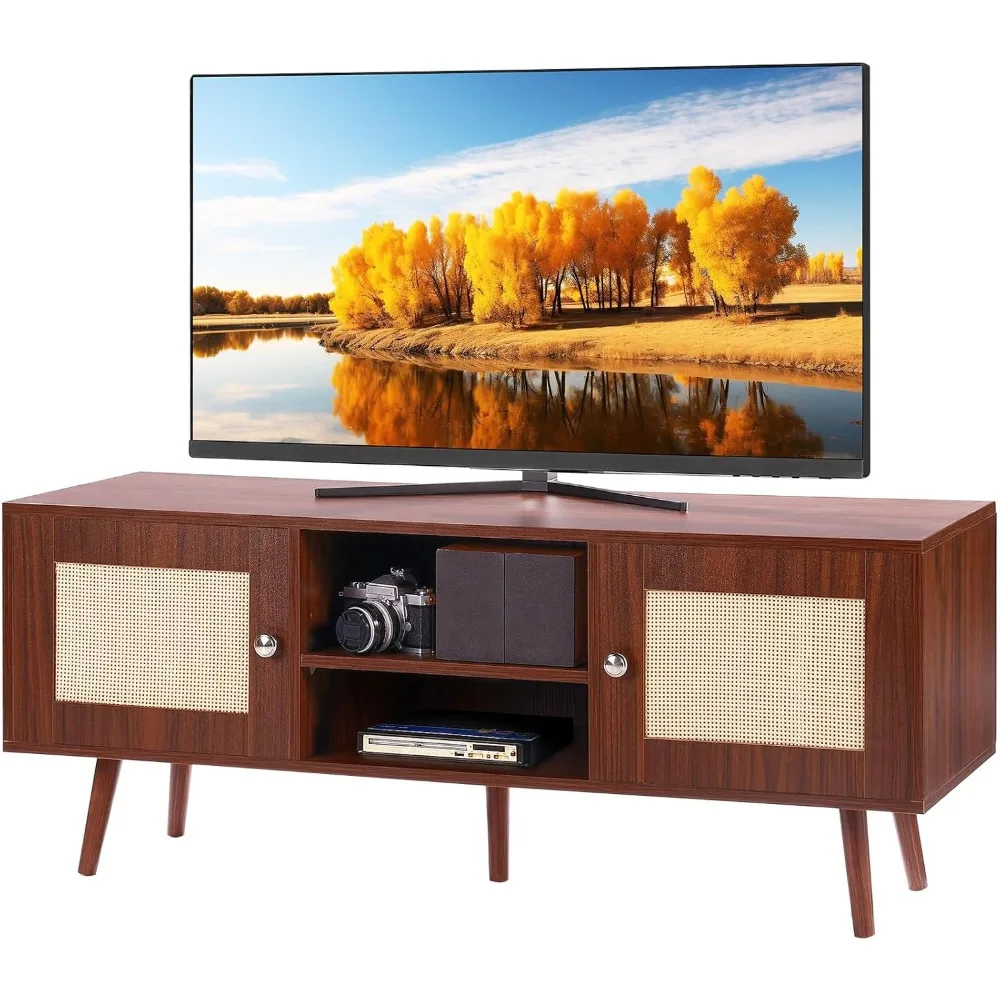 

Boho TV Cabinet for 55 inch TV, Mid Century Modern TV Stand, Rattan Console with Adjustable Shelfs for