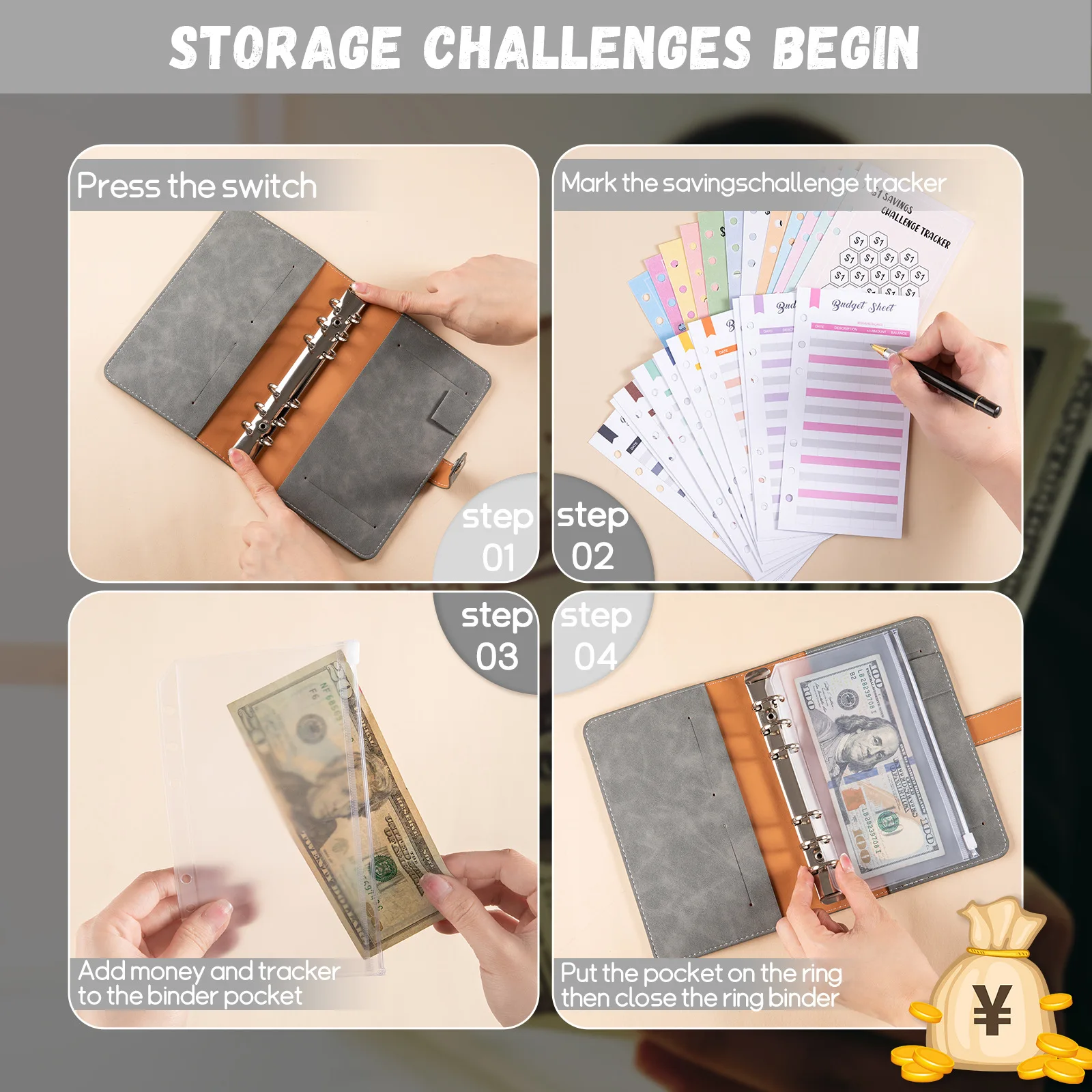 A6 PU Money Saving Challenge with 12Sheet Saving Budget Loose-Leaf Binder Budget Binder With Cash Envelopes Money System