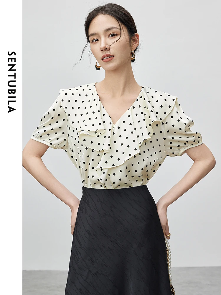 SENTUBILA Ruffles V-neck Dot Chiffon Shirt 2024 New Thin Short Sleeve Blouse Summer Comfort Elegant Straight Pullovers 142V54930