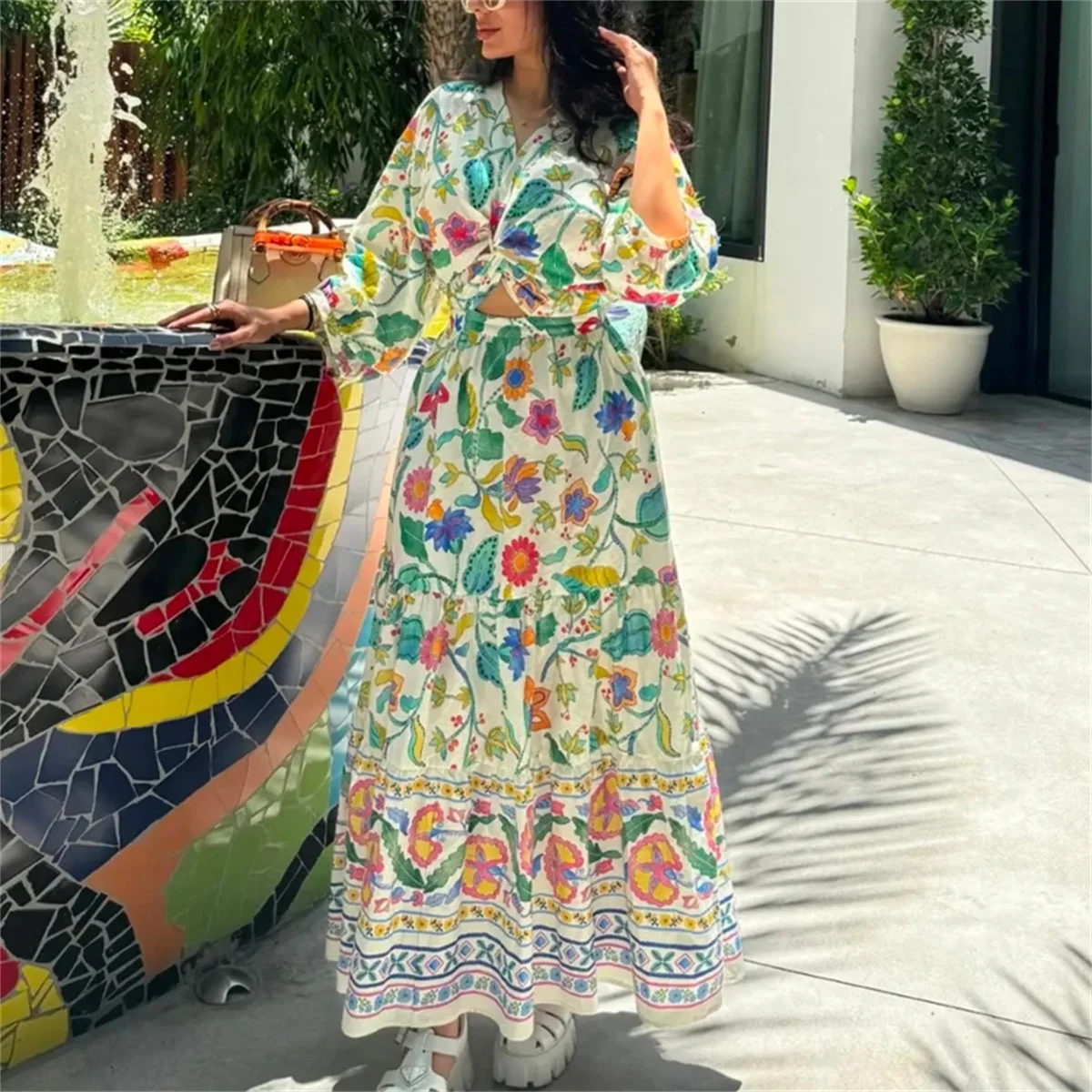 Women Printed Halter Waist Dress V-Neck Lantern Sleeve Vestidos Fashion Sexy Lace Up Dresses Elegant Lady Vacation Beach Robe