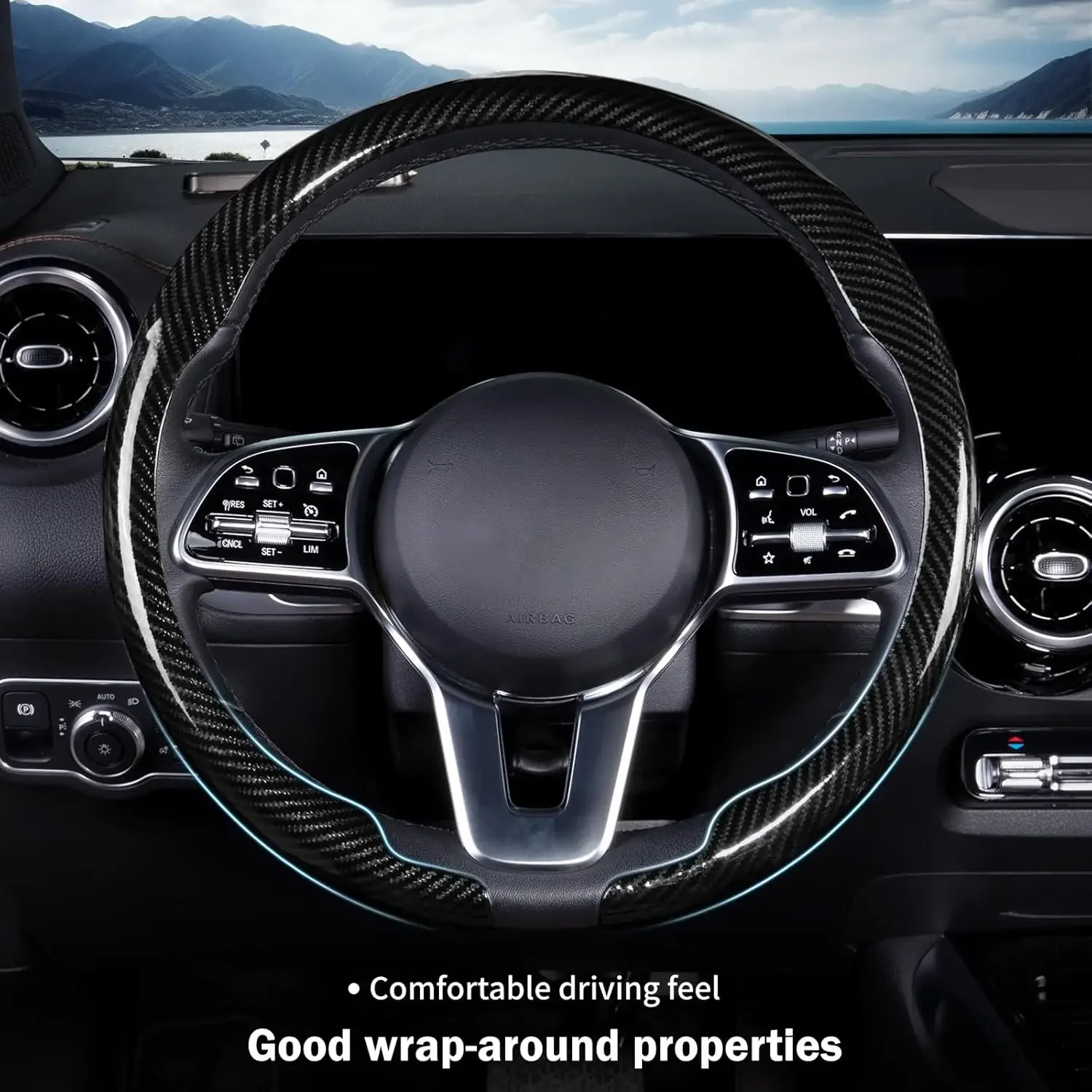 Car Steering Wheel Cover Carbon Fiber Snap on Steering Wheel Accessories Wrap 14.5-15 Inch Universal Grip Anti-Skid Protector！！