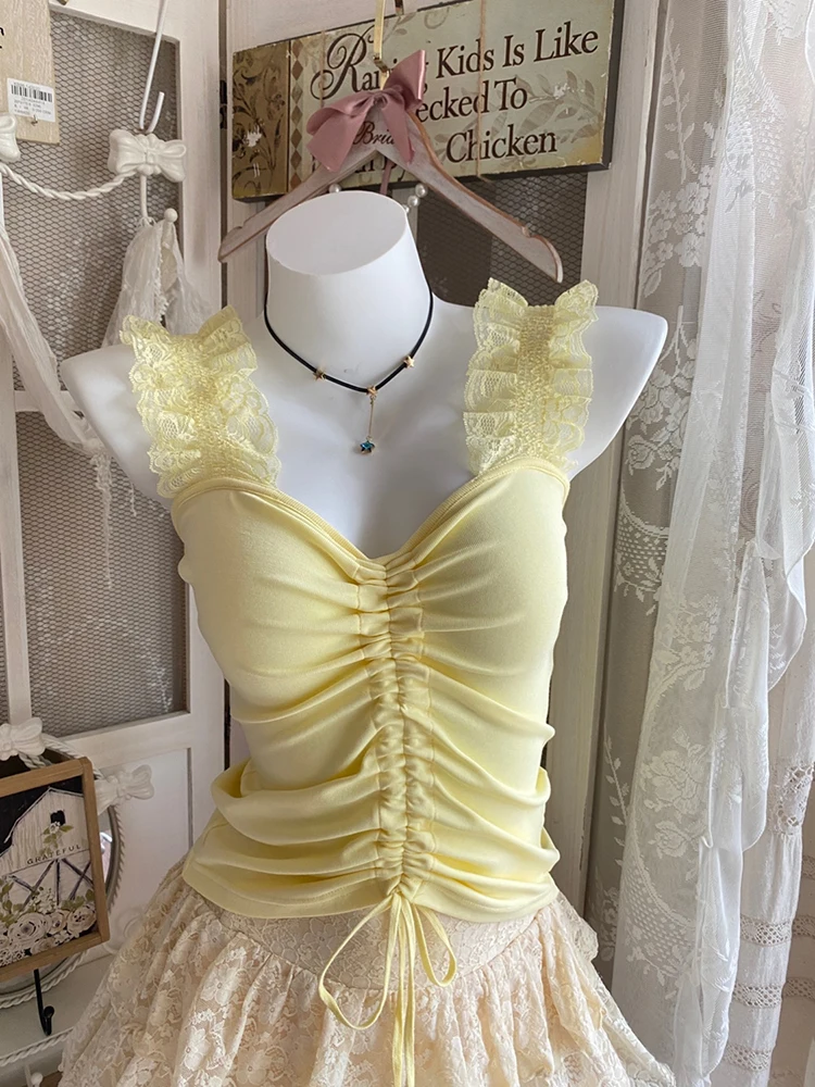 

Sweet Crop Top Women Cotton Cropped Lace Shoulder Strap Drawstring Design Cute Camis for Girls Lolita Style Kawaii Clothes