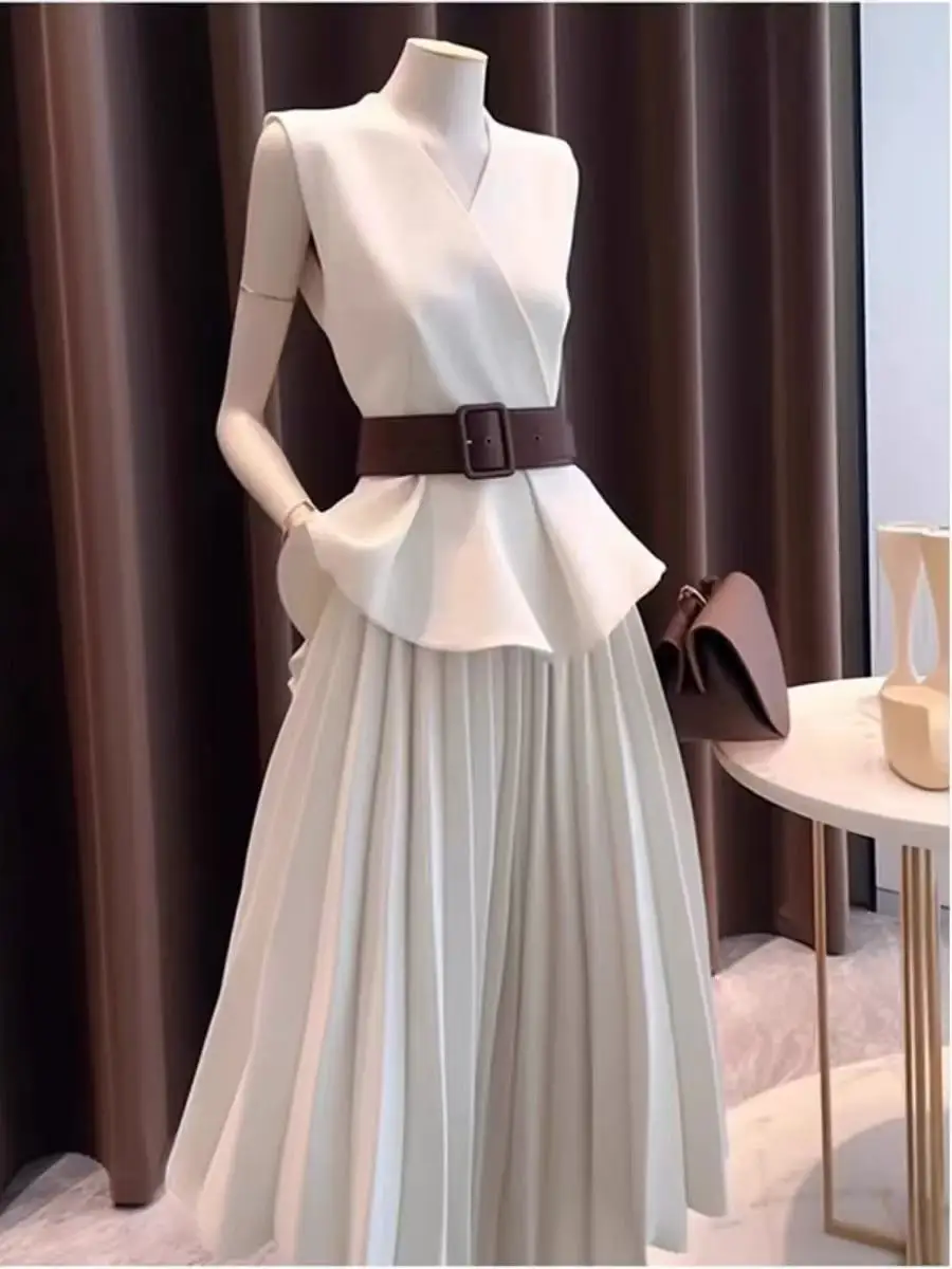 مجموعة أزياء للنساء لربيع وصيف جديد صغير العطر مزاجه أكمام دعوى أعلى مطوي تنورة قطعتين مجموعة مع حزام #5