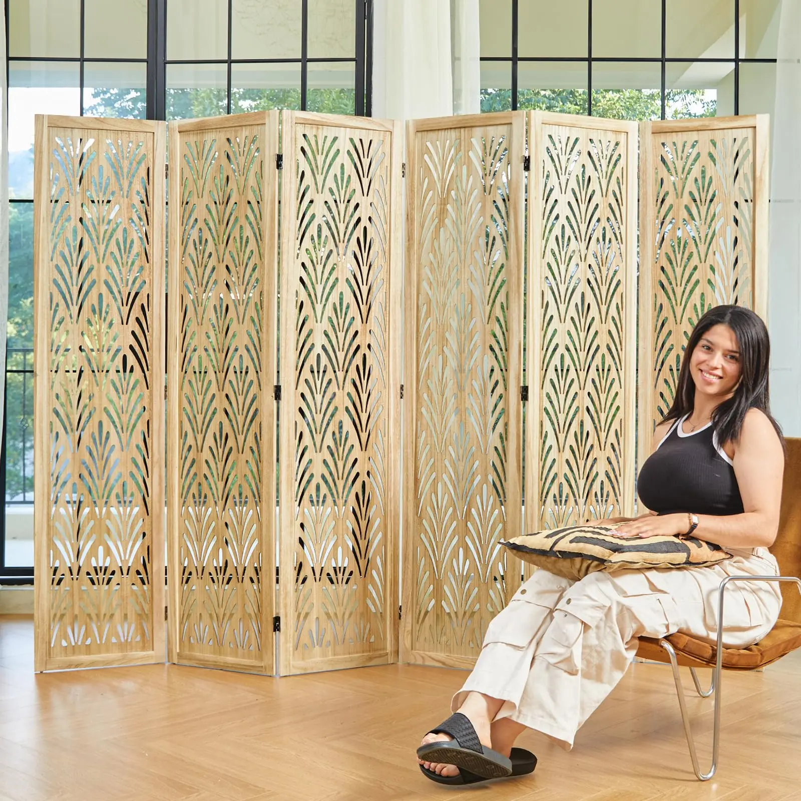 5.6Ft Room Divider Folding Wood Simple Carved Partition Screen for Home Office Garden - 6 Panels (Natural) | Solid wood