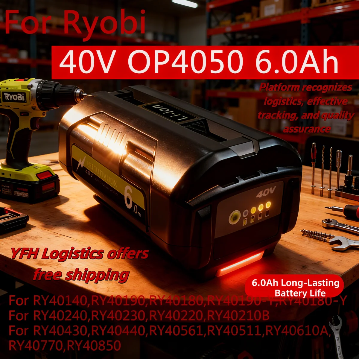 

Replacement 40V Li-Ion Rechargeable Battery for Ryobi Cordless Power Tools – Compatible with OP4050, OP4026, RY40502, RY40200