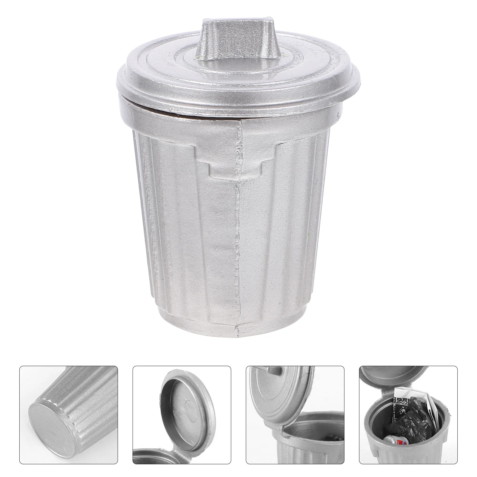 Tiny House Trash Can Small Model Mini Bucket Garbage Miniature Silver Fairy Furniture Scene Accessory