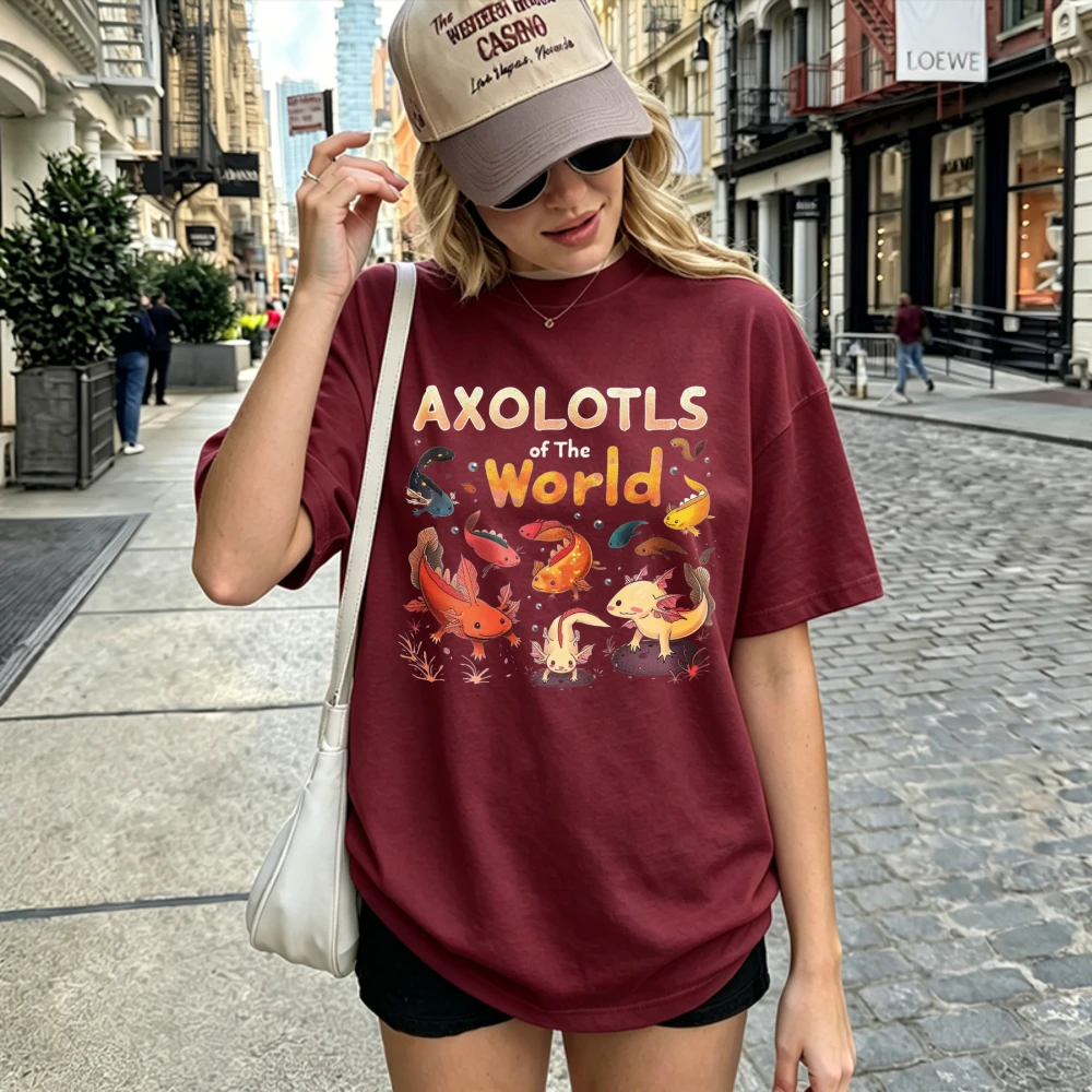 Axolotls of The World Colorful Cartoon Axolotl Group Print T Shirt Cute Amphibian Cotton Tee Animal Lover Cottagecore Casual Top