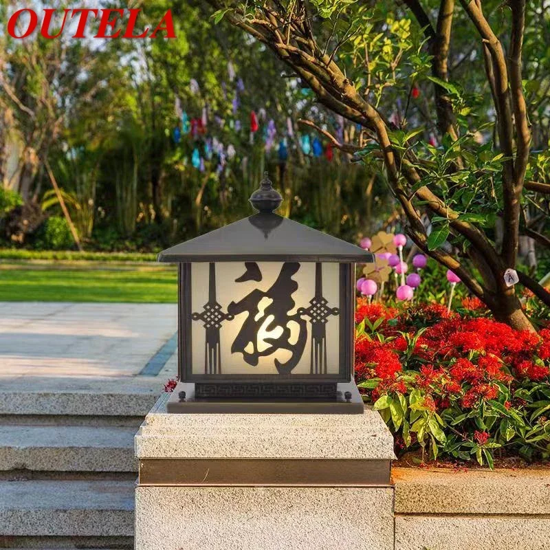 OUTELA Outdoor Electricity Post Lamp Vintage Creative Chinese Brass  Pillar Light LED Waterproof IP65 for Home Villa Courtyard