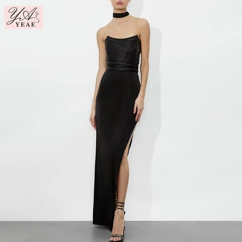 

2025 Sexy Solid Color Dress - Halter Neck Backless Slit Maxi Gown with Flowing Ribbons