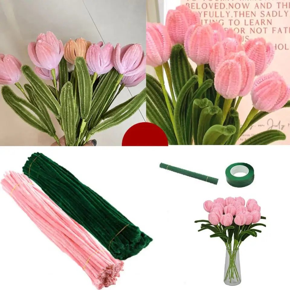 Kit 215 Pièces Chenilles Créatives 30cm - Fleurs DIY Tulipes Avec Tiges Et Ruban - Loisirs Créatifs Enfants Et Adultes
