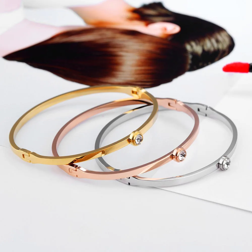 Lokaer Trendy Rose Gold Plated Stainless Steel Bangles For Women Mosaic Cubic Zirconia Simple Cuff Bracelet Jewelry Gifts B18103