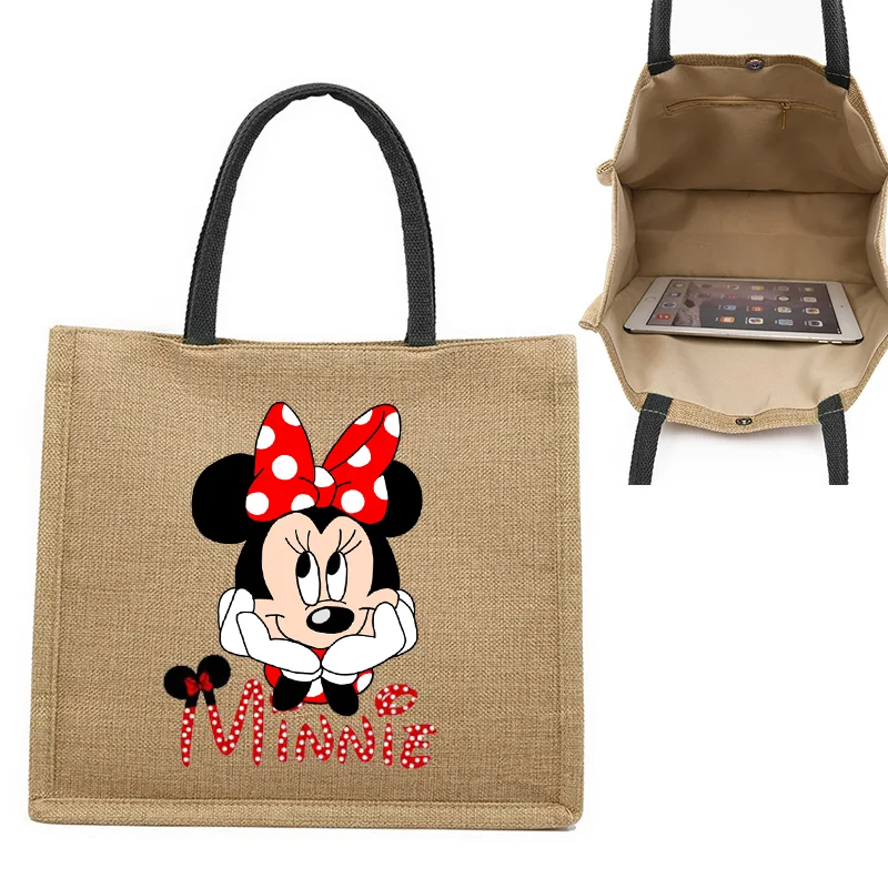 

Mickey Minnie Beach Bag for Women Burlap Tote Beach Shoulder Bag Handbag Containers with Handles Reusable Cute Tote Crafts Bags