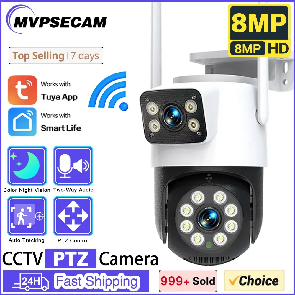 

8MP 4K Wifi IP Camera Dual Screens Night Vision PTZ Video Surveillance Camera Outdoor Human Detection CCTV Security Camera Tuya