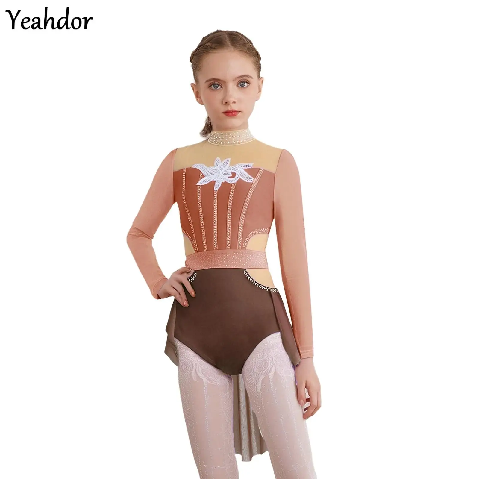

Kids Girls Ballet Jersey Gymnastics Skating Lyrical Dance Costume Mock Neck Long Sleeve Shiny Rhinestones Mesh Skirted Leotards