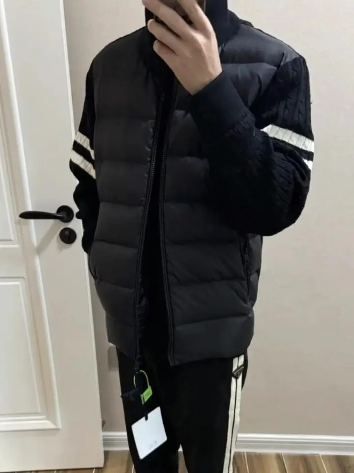 

Модная вязаная куртка с полосатыми вставками из хлопка для мужчин, осенне-зимняя новинка, теплая хлопковая куртка с воротником-стойкой, универсальная.