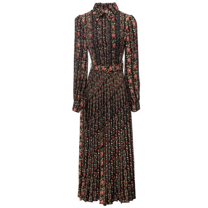 Spring Fashion Designer Vintage Floral Print vestido Women's Lapel Button Sashes Gathered Waist Slim Pleated Long Dress