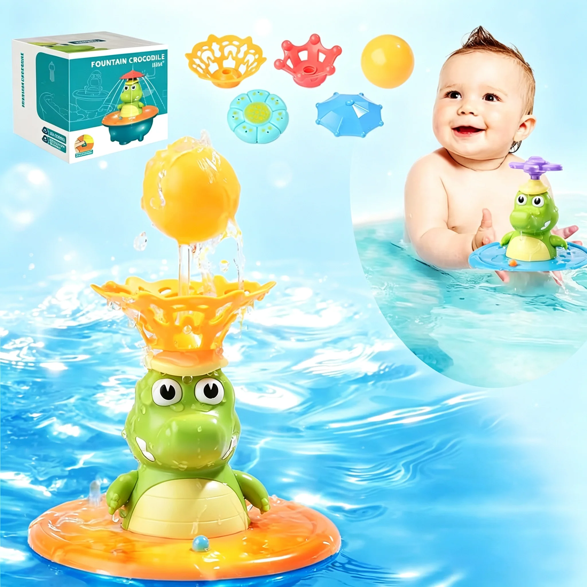 Krokodil-Sprühwasserspielzeug mit LED, schwimmendes Aufziehspielzeug, Wasserspaß-Spielzeug für Neugeborene, Geschenk für Kleinkinder im Vorschulalter, Badewannenspielzeug