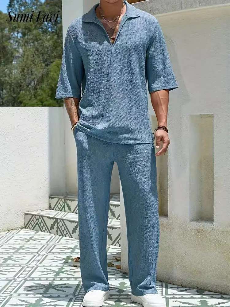 Conjuntos elegantes de Color sólido para hombre, camisa y pantalones de media manga con solapa Irregular informal de verano 2025, trajes de dos piezas para hombre, conjuntos de moda