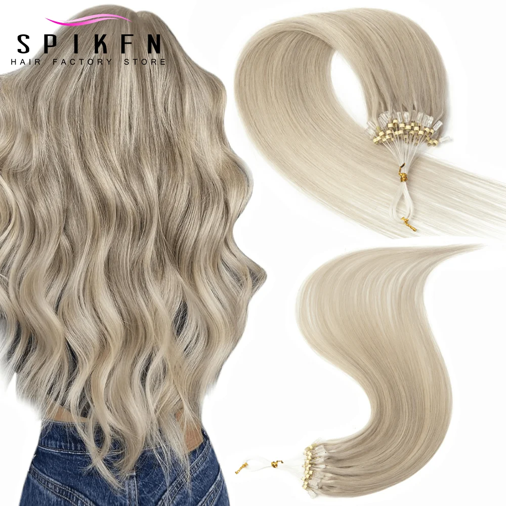 

SPIKFN Micro Loop Hair Extensions Real Natural Straight Micro Ring Link Hair 12"-24" Loop Ring Human Hair Extension