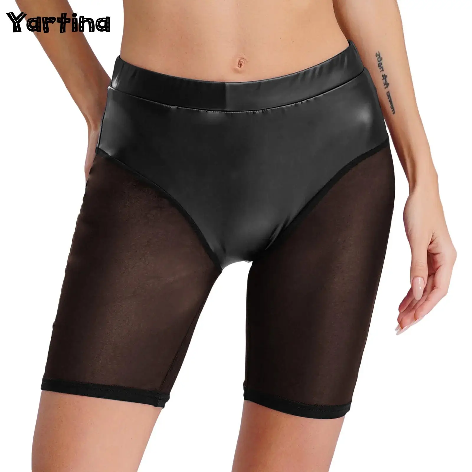 Damen-Shorts mit Mesh-Nähten, formendem Po-Lifter, dünne Kontrolle, Kompressionsshorts aus Kunstleder und gespleißtem Mesh mit hoher Taille