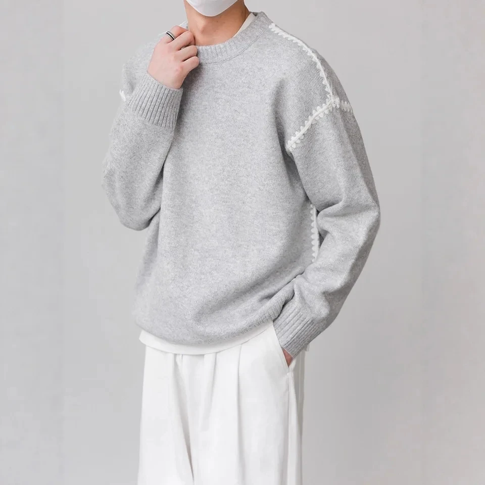 2025 Autumn Winter New Design Sense Contrast Color Embroidered Men Round Neck Pullover Top Elegant Trendy Clothing​