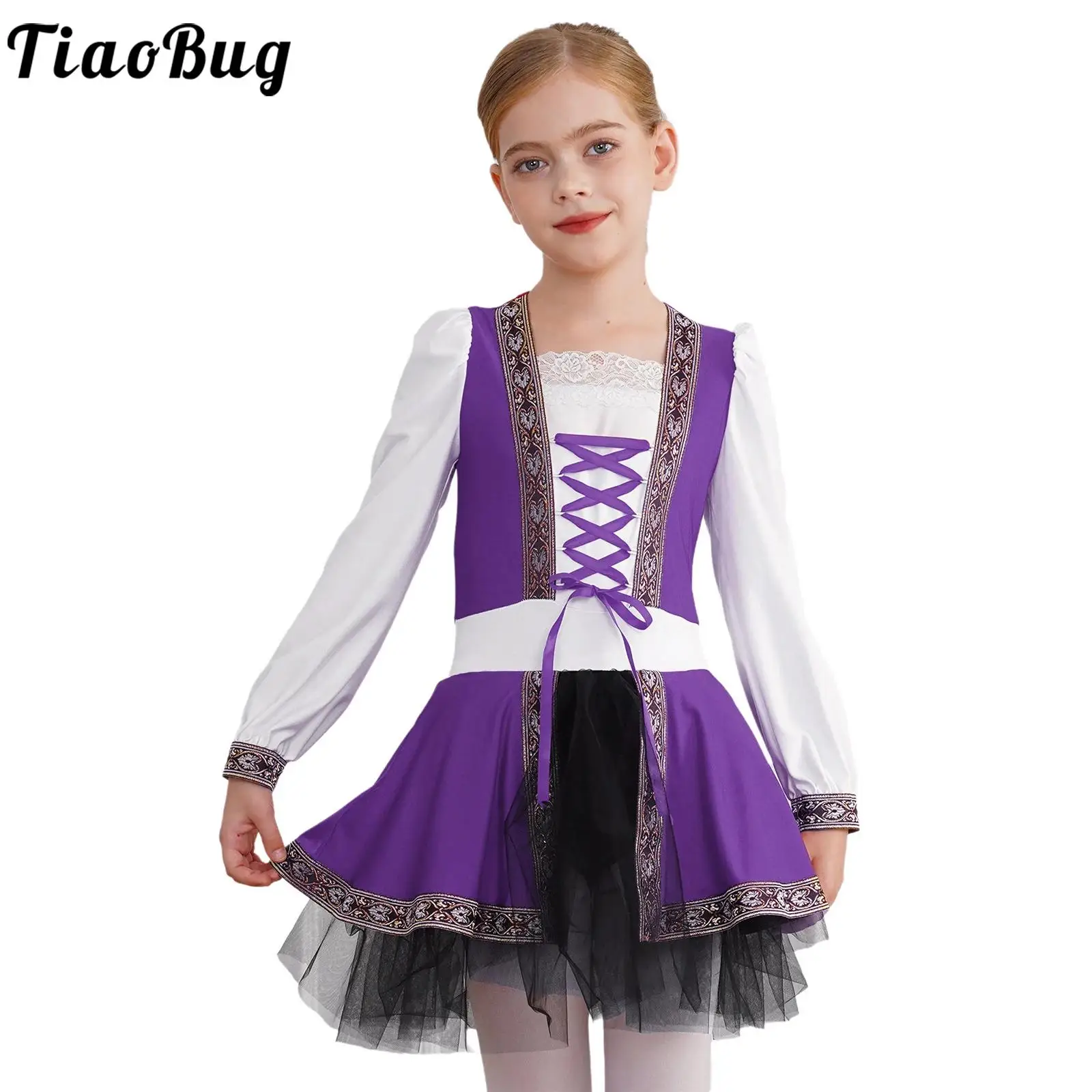 Kids Girls Medieval Renaissance Costume Long Sleeves Lace-up Gothic Retro Tutu Dress Halloween Carnival Party Cosplay Dress Up