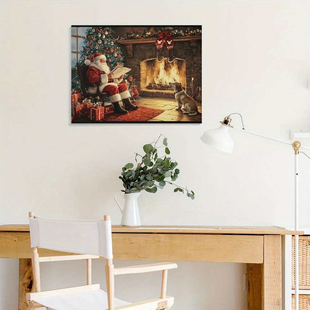 1PC Rustic Santa Delivery Canvas Painting Cute Dog with Gifts By The Fireplace Holiday Vintage Christmas Decoration Christmas