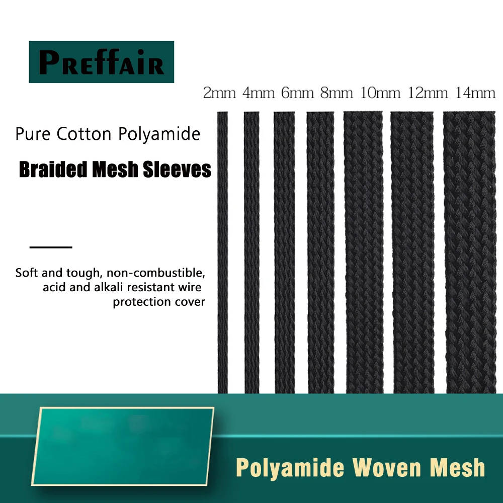 Preffair High Quality Pure Cotton Polyamide Black Braided Mesh Sleeves Protection Suitable for 2-50mm Cable Diameter