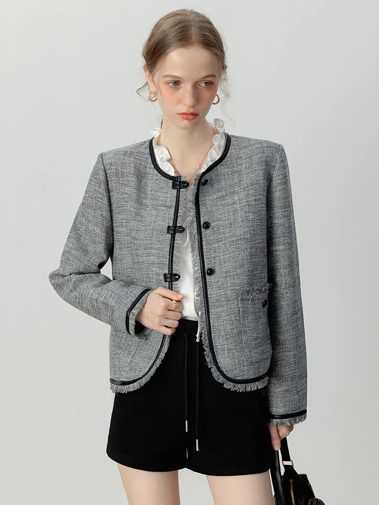 Eggka 2024 outono novo solto commuter personali longo sve redondo ne retalhos agasalhos de couro pequena fragrância sl...